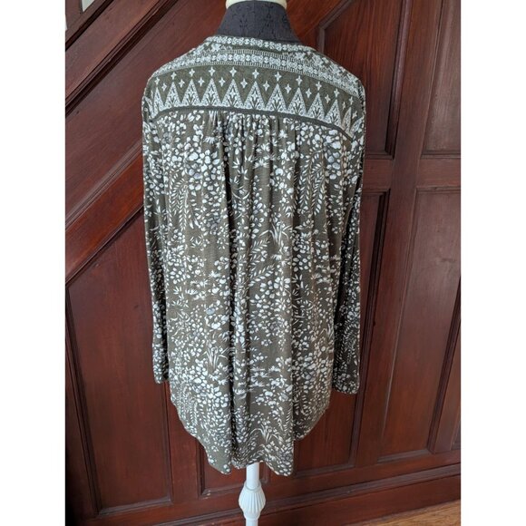 Lucky Brand Olive Floral Long Sleeve Tunic Top 2X Boho Embroidered Neckline - Picture 2 of 6